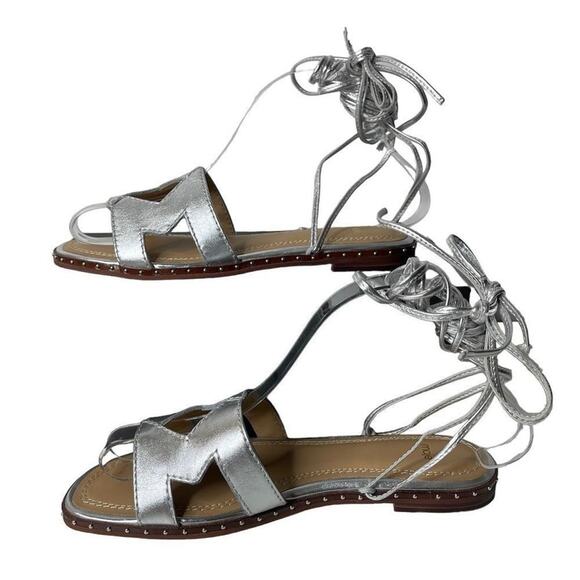 Maje Argent Silver Studded Cutout Leather Gladiator Strap Ankle Tie Flat Sandals - Picture 6 of 7